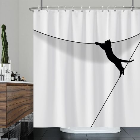 180x200cm Rideau de Douche Chat Noir Animal Mignon Abstrait Dessin animé Chat Rideau de Bain Croquis drôle Chat Escalade Mur Rideaux de Douche Rideau de Baignoire étanche (1/5)