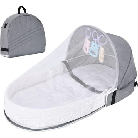 Baby Travel Cot with Mosquito Net and Awning Portable Baby Bed Changing Bag Foldable Baby Bed with Mosquito Net Cuddly Nest Baby Bed (Grey) (1/5)