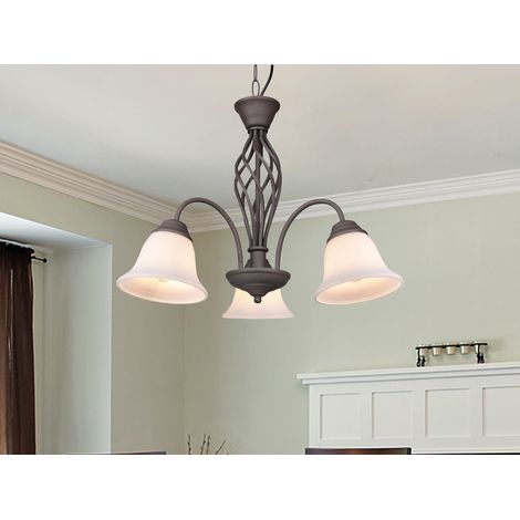 Pendelleuchte 3-flammig in Rostoptik, Glasschirme Weiß mit E14 LED, Ø 55cm (1/5)