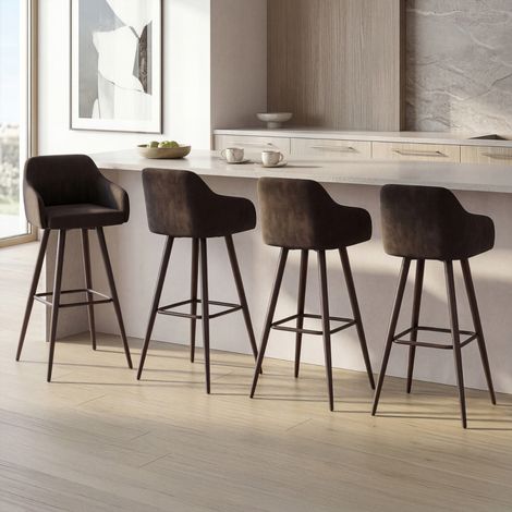 Lote de 4 taburetes de bar JANY giratorios con reposabrazos de terciopelo negro y patas de madera negra (1/5)