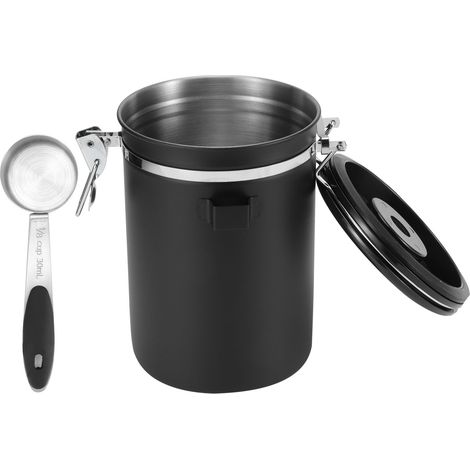 Boîte de conservation hermétique en acier inoxydable 304 de 1,8 L avec cuillère intégrée, idéale pour le café en grains, le thé et les fruits secs. Bocal noir. (1/5)