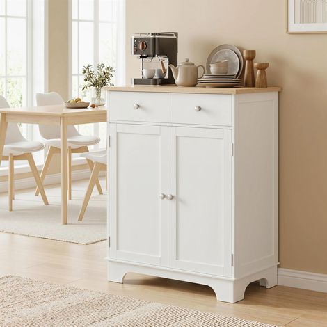 Buffet bas avec placard à 2 portes, étagères réglables et 2 tiroirs, blanc et bois (1/5)
