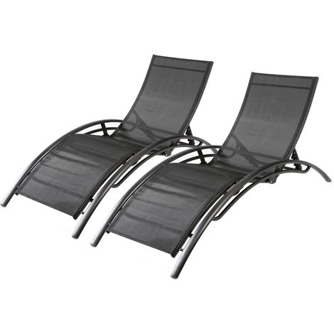 Concept-Usine – Lot de 2 transats empilables ajustables en aluminium noir – Dossier 6 positions – Têtière incluse – Toile en polyester gaine PVC ultra résistant (1/5)