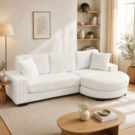 Divano angolare a L 256.5x133.5x89 cm, modulare con pouf ovale reversibile, 2 cuscini, corduroy beige (1/5)