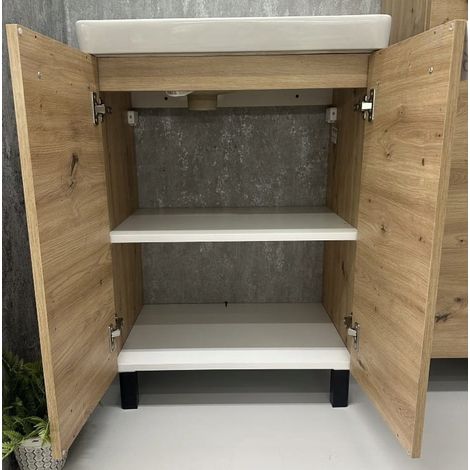 Meuble de salle de bain sur pied 80x60cm – Vasque céramique simple avec égouttoir – Finition chêne artisanal – Système de fermeture amortie (1/3)