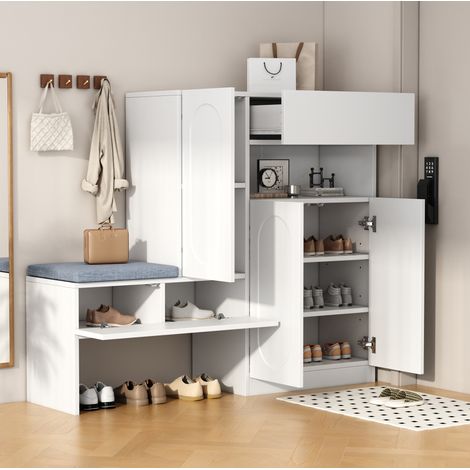 Zapatero 130x35x110 cm blanco en tablero de partículas con banco acolchado y puertas abatibles con cierre suave (1/5)