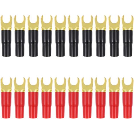Lot de10 Paires Cuivre Or Plaqué Cosse Fourche Adaptateurs Haut- Parleur À Sertir Barrière Pique Connecteurs Bouchons (Rouge Et Noir) (1/5)