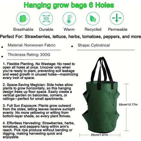 (Tissu vert, 6 trous, 2 pièces) Sacs de culture suspendus pour fraises et tomates, pour jardin vertical, jardinière à fraises, tour aéroponique (1/4)