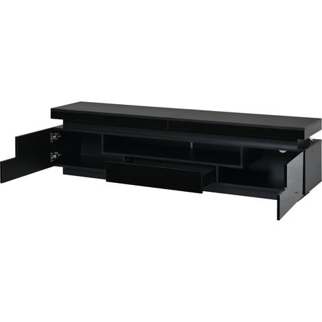 Meuble TV noir laqué avec LED, 175x38x45 cm, 2 armoires en L et 1 tiroir, espace de rangement semi-ouvert, pour TV jusqu'à 75 pouces (1/5)