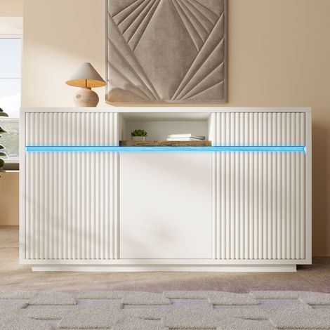 Buffet avce 2 Portes, 3 Tiroirs et Étagères Réglables - Buffet salon avec Éclairage LED - Design Moderne, Blanc - 140x40x85 cm