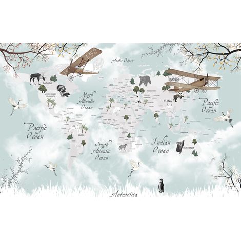 Fotomural infantil con mapa del mundo, aviones y animales DWK297 200x135 (1/5)