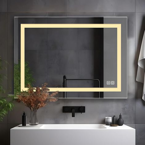 MEESALISA LED Badspiegel mit Beleuchtung Badezimmerspiegel mit Steckdose Touch Dimmbar dreifarbiges Licht Antibeschlag Wandspiegel, 90 x 60 cm