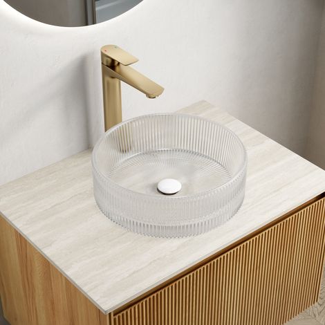 Lavabo sobre encimera redondo de cristal transparente 36 cm, cuenco de baño con franjas decorativas (1/5)