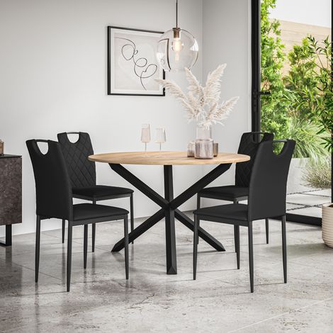 Malvern Round Dining Table And Chairs -  Oak Table Top w Solid Oak Black Legs + Monza Faux Leather Dining Chair Set Of 4 (Black) (1/5)