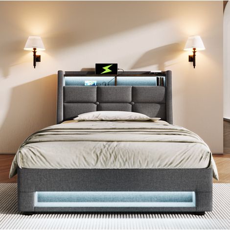 Bett im modernen Vintage-Stil 90x200 cm grau, Leinenstoff, mit Kopfteil, LED, USB und Stauraum (1/5)