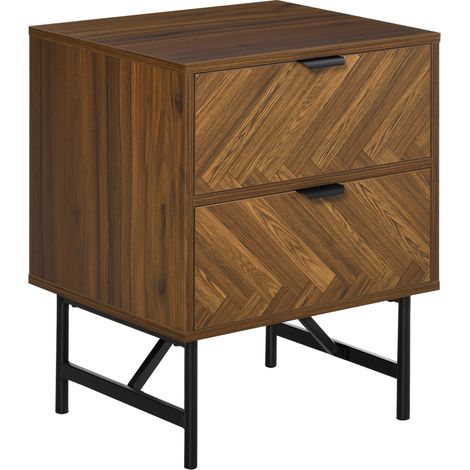 Bedside Table with Two Drawers, Side Cabinet Storage Unit with Metal Handles, Organisation Furniture for Living Room, Bedroom, Walnut Brown