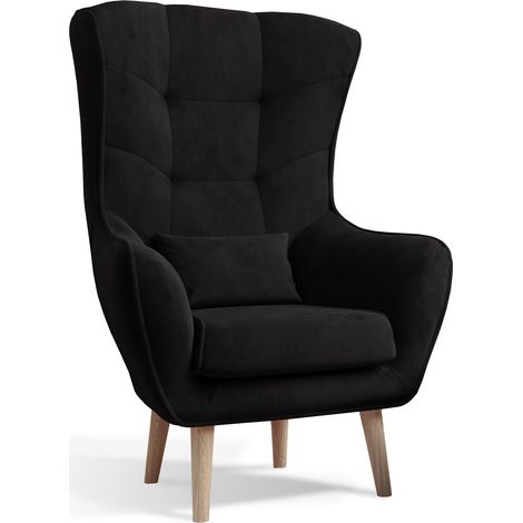 Fauteuil bergère velours noir capitonné Lazza 80cm (1/5)