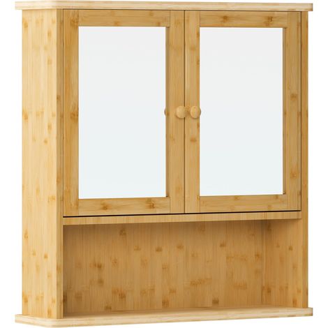 Soges Armoire Murale de Salle de Bain en Bambou avec Miroir, Étagère Réglable, Portes Magnétiques et Compartiment de Rangement Ouvert, pour Salle de Bain, 56 x 14 x 58.2 cm (1/5)
