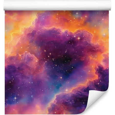 Papel pintado de galaxia en acuarela, violeta, morado y coral, 50x1000 cm. (1/5)