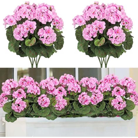 Lot de 3 bouquets de géraniums artificiels roses résistants aux intempéries, plantes décoratives extérieures pour terrasse, balcon, porche, rebord de fenêtre, mariage et déco maison