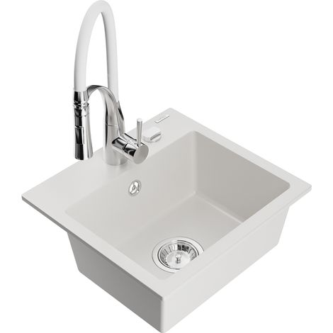 Mexen Milo évier en granit à 1 bac avec robinet de cuisine Aster, blanc - 6505-20-73450-02 (1/5)