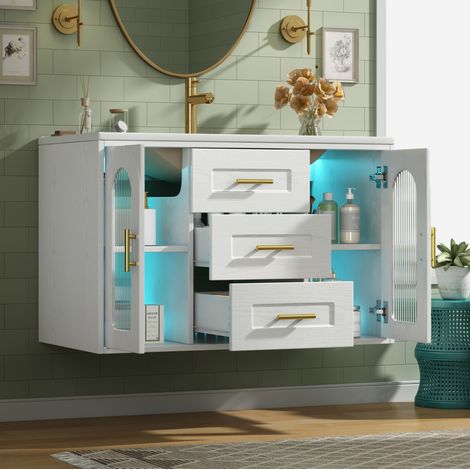 Meuble vasque mural 76x46x55 cm en MDF et verre blanc, gain de place pour salle de bain FloraGrace (1/5)