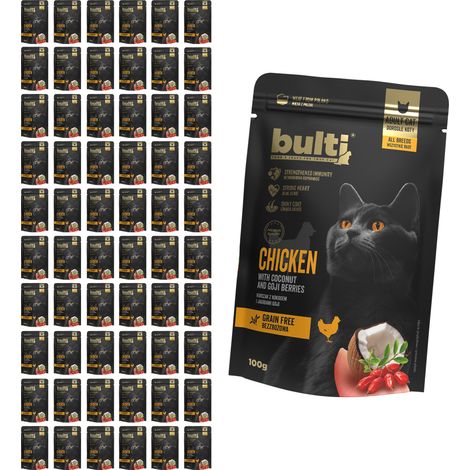 Alimento húmedo para gatos BULTI Superfood con pollo, coco y frutos rojos, 60 x 100 g. (1/3)