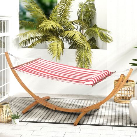 Hamac sur pied 1 place, hamac avec support en bois oreiller de tête, lit en coton, 310x118x120cm, rouge et blanche (1/5)