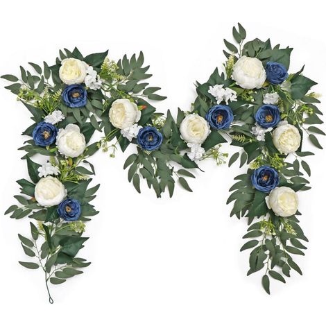 Künstliche Blumen Girlande Eukalyptus mit Rosen, 2x 200cm, Blau & Weiß (1/5)