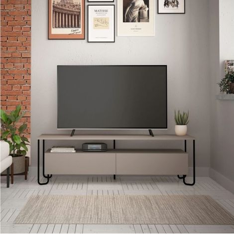 Mobile da Sala Porta TV in Legno Due Ante a Ribalta Tortora Piedi in Metallo (1/4)