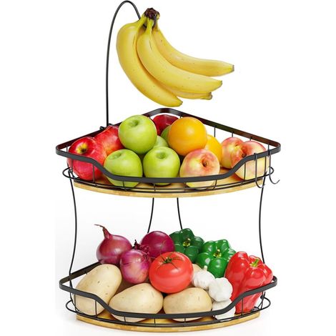 Corbeille à fruits noire à 2 étages avec 2 crochets de suspension pour bananes - En métal - Pour fruits, légumes, pain, collations