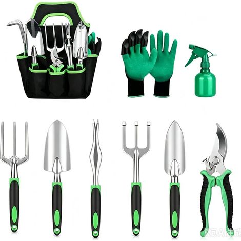 Kit outils de jardinage complet avec sac de rangement, gants et pulvérisateur, pelle, fourche, sécateur, outils à main ergonomiques pour plantation et désherbage (1/5)