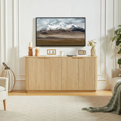 Buffet 160 cm moderne à rayures verticales et motif ondulé, meuble TV avec rangement, salon chambre entrée décor chêne 160x80x40 cm
