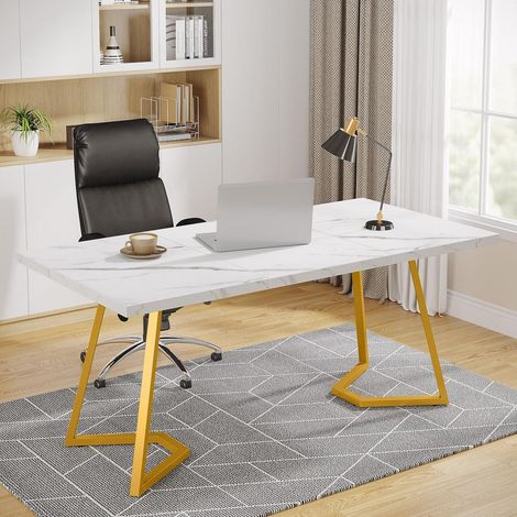 Schreibtisch 140x80cm, Computertisch mit Marmoroptik und Goldgestell, Home Office Tisch (1/5)