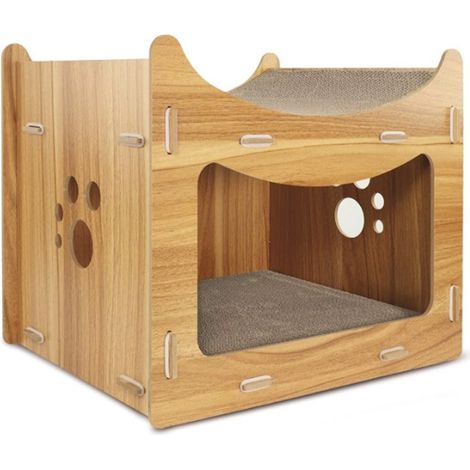 Griffoir Pagode en bois et carton pour chats avec herbe à chat