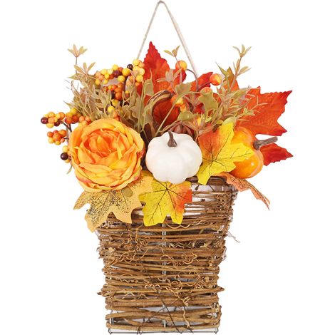 Lebensechter Herbstkürbiskorb, hängender Herbstblumenkorb als Dekoration für Veranda, Terrasse, Haus im Landhausstil, Hochzeit (1/2)