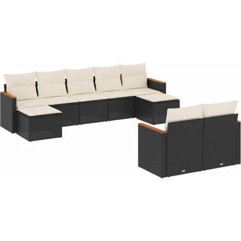 Salon de jardin 9 pcs avec coussins noir résine tressée (1/5)