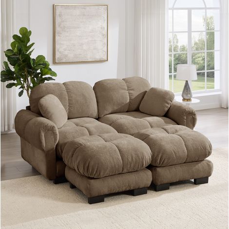 Divano modulare a U 190x149x90 cm, con pouf mobile, cuscini trapuntati, chenille, marrone (1/5)