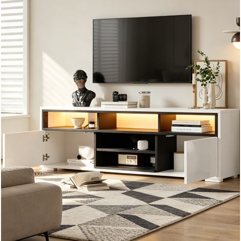 Meuble TV brillant avec LED 150 x 35 x 50 cm blanc et noir (1/5)