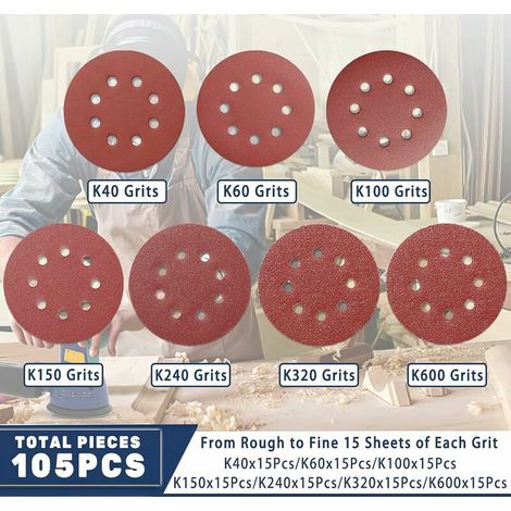 Disques abrasivi 125 mm, set 105 pezzi per trapano orbitale, perfetto per legno e metallo, 15 pezzi per grana (40-60-80-150-240-320-600) (1/3)