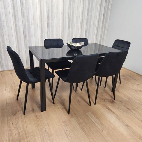 Dining Table and 6 Chairs Black Glass 6 Velvet Chairs Dining Room Furniture