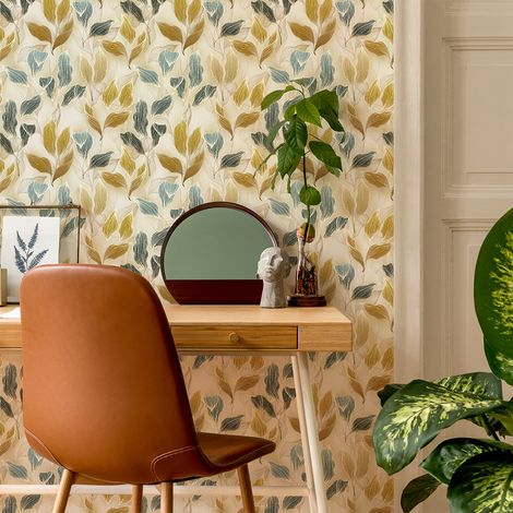 Papier peint intissé pré-encollé - VINTAGE FEUILLES JAUNES BRUNES ET BLEUES - 1 rouleau de 300x60cm (1/5)