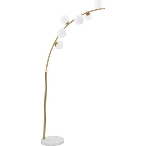 Lampada da terra Glamy Arc 6 luci in ferro oro con globi in vetro e base in marmo