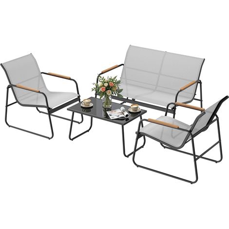WOLTU 4-Piece Metal Frame and Fabric Seat 1 Table, 2 Terrace Chairs and 1 Bench, Garden Furniture Set Grey