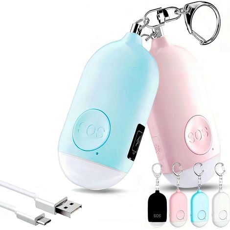 130DB Lot de 2 Alarme Personnelle Anti-Agression avec Porte-clé,Rechargeables Alarme de Poche avec LED Lampe de Poche Torche Alarme,pour Femme Enfants Personnes aîné(Bleu+Rose) (1/5)