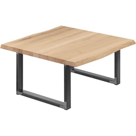 LAMO Manufaktur Esstisch Küchentisch, mit Baumkante 60x60x47 cm (AxBxH), Loft, Natur / Rohstahl mit Klarlack, LKB-01-A-002-0000L