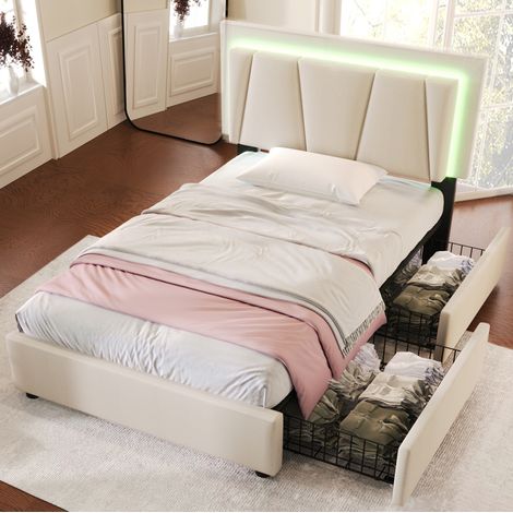 Cama individual 90/200 cm beige de madera con LED, 2 cajones y cabecero regulable (1/5)