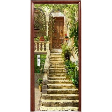 Sticker mural 3D pour porte, papier peint style jardin italien médiéval antique, 77 x 200 cm, PVC amovible (1/4)