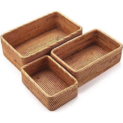 Rechteckiger Rattan-Aufbewahrungskorb, Weiden-Obstkorb, natürlich gewebter Organizer für Küche/Esszimmer (3er-Set) (1/5)