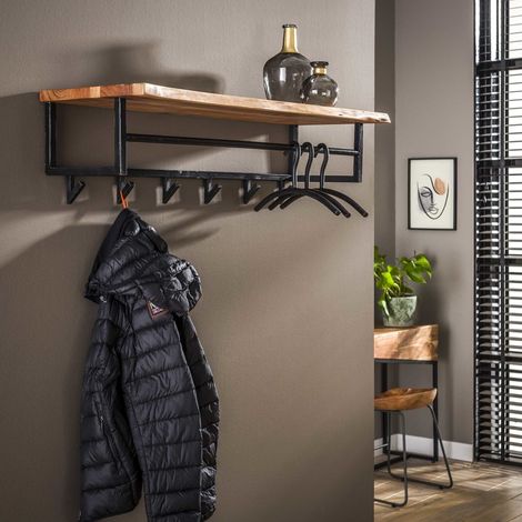 Industriegarderobe Niels 6 Haken Akazienholz - Mit Hutablage (1/5)